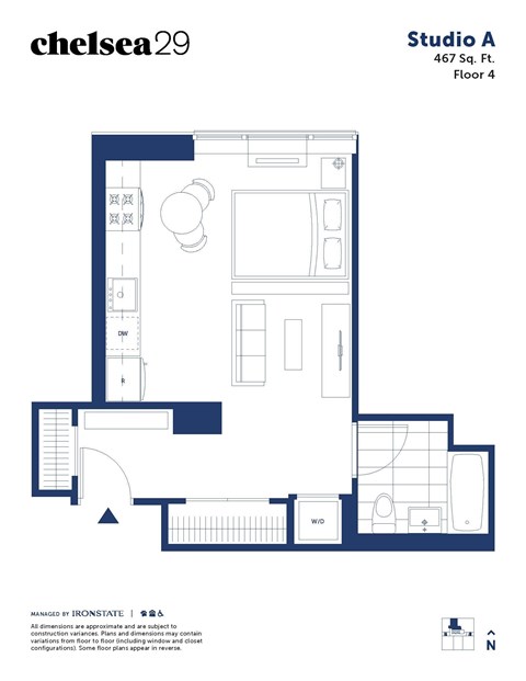 A blueprint of Studio A, a 467 square foot floor plan.